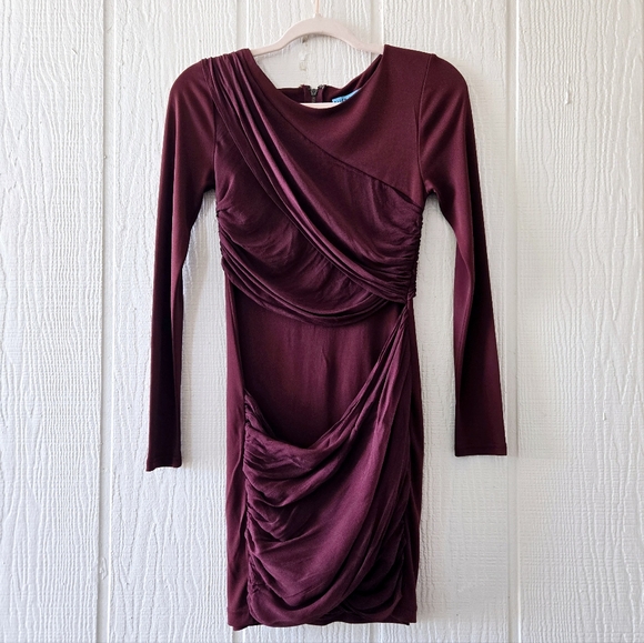 Alice & Olivia Goddess Georgette Draped Stretch Bodycon Longsleeve Burgandy sz 4 - Picture 1 of 4